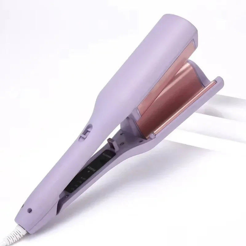 Lavender ceramic hair straightener with wide rose gold plates on a white background