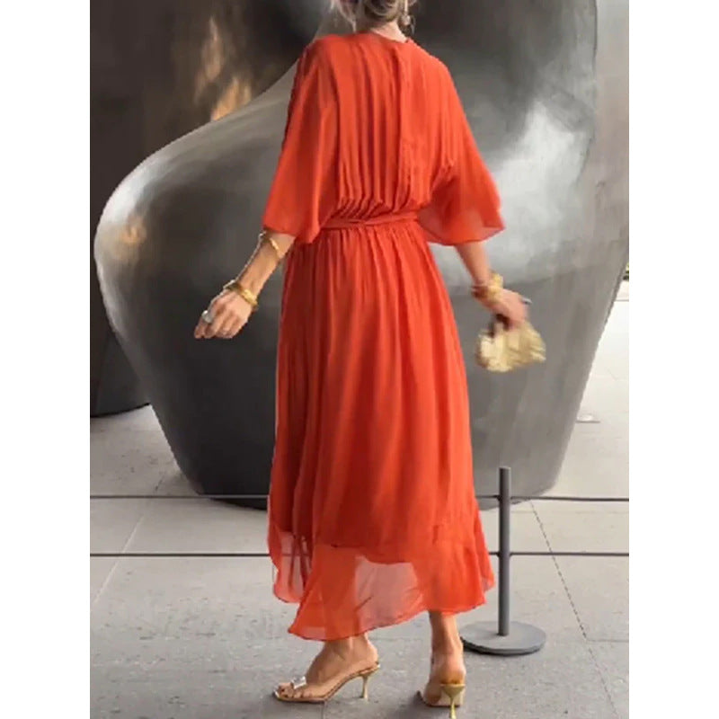 Batwing Sleeve V Neck Irregular Summer Dress Women Pure Color Tied Long Flowing Elegant Casual Womens Clothing