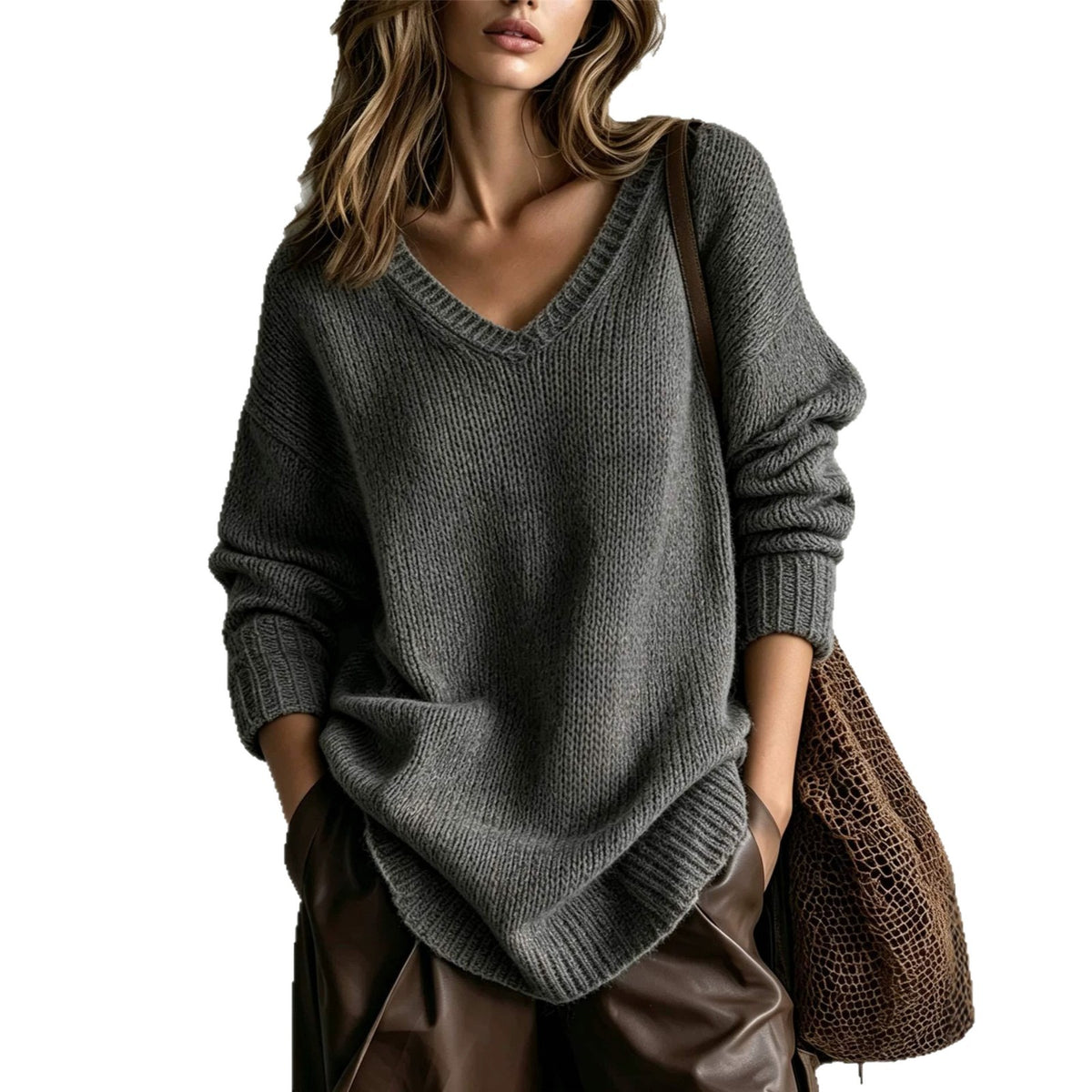 A woman wearing a dark gray ribbed knit sweater with a V-neck and long sleeves, styled with brown leather pants and a brown woven shoulder bag against a plain white background.