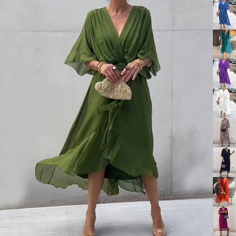 Batwing Sleeve V Neck Irregular Summer Dress Women Pure Color Tied Long Flowing Elegant Casual Womens Clothing
