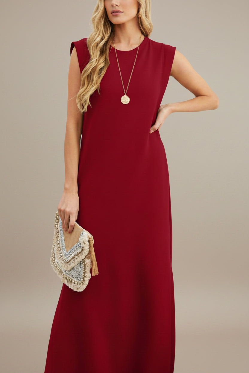 Red dress worn by a person on a white background