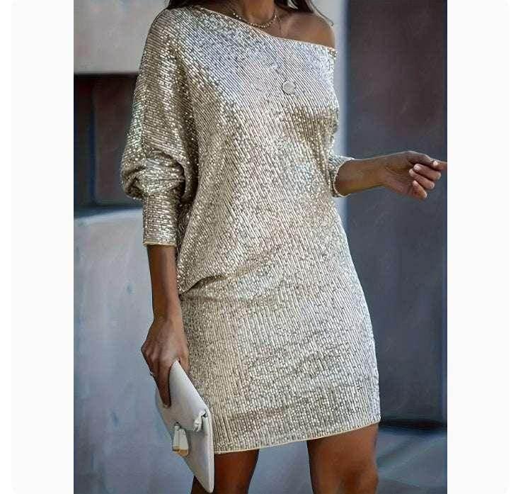 Oblique Shoulder Sequin Party Dress - ZA-Zola