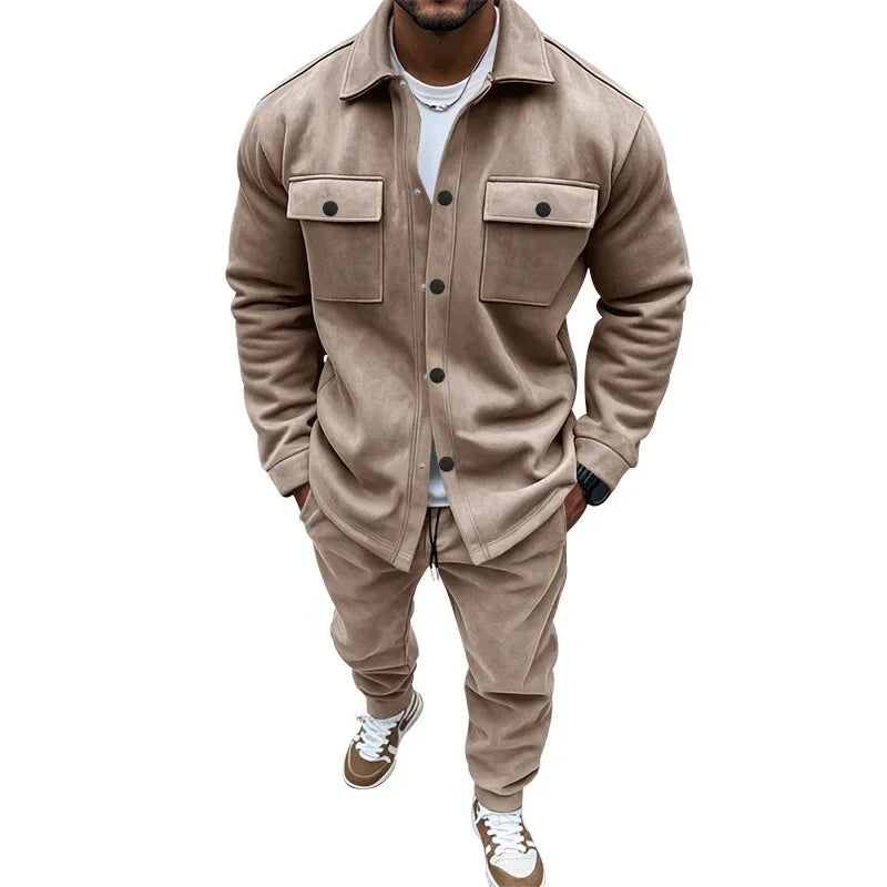 Men’s Suede Cardigan Set – Single-breasted Coat & Trousers - ZA-Zola
