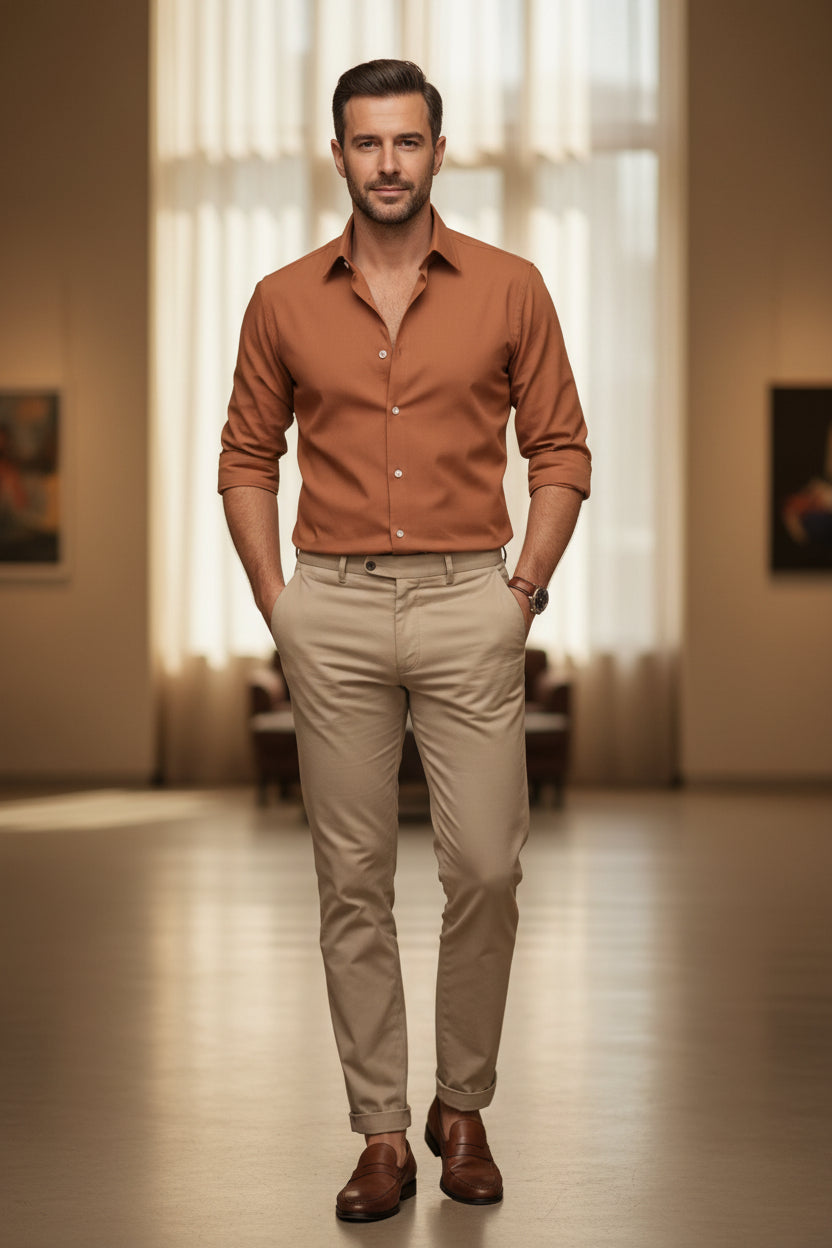  Man wearing a  Brown shirt  and beige pants with a blurred background