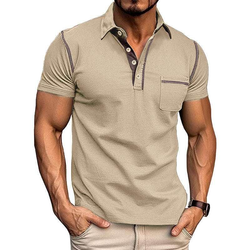 Men’s beige short sleeve polo shirt with front pocket, slim fit, ZA-Zola fashion UK