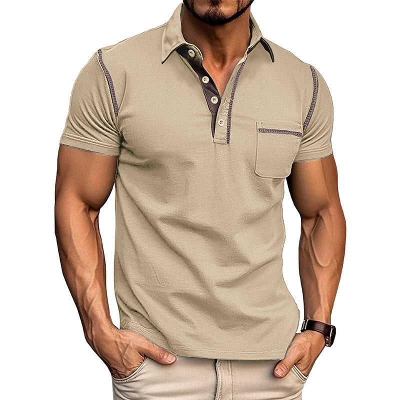 Man wearing a beige polo shirt with a white background