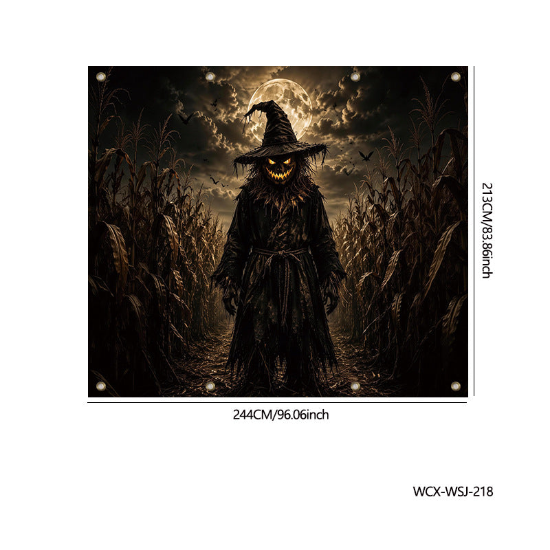 A square Halloween-themed wall art print showing a spooky witch figure in a cornfield under a full moon, with dimensions printed around the artwork on a white background.