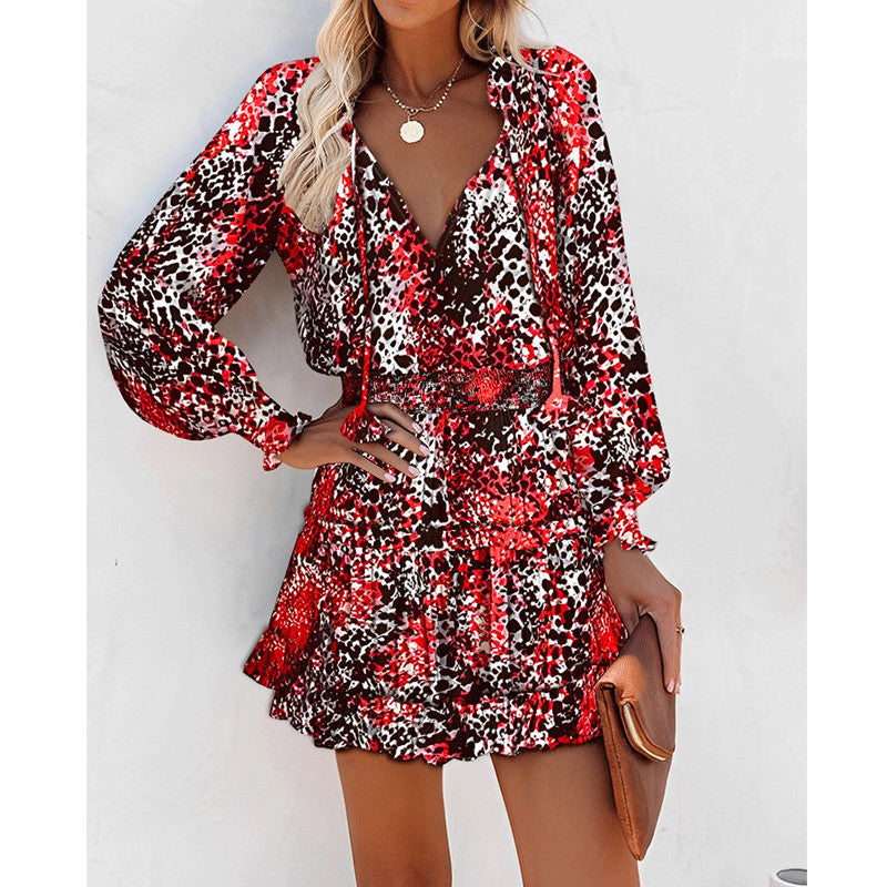Floral Print Puff Sleeve Long Sleeve Dress – Fashion Patchwork Waist Tie Women's Clothing