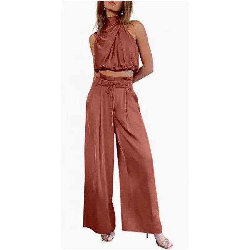 ZA-Zola women’s rust satin halter crop top and wide-leg pants set, trendy UK fashion