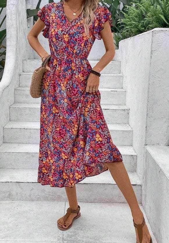 Floral V-Neck Dress – Printed Summer Elegance - ZA-Zola