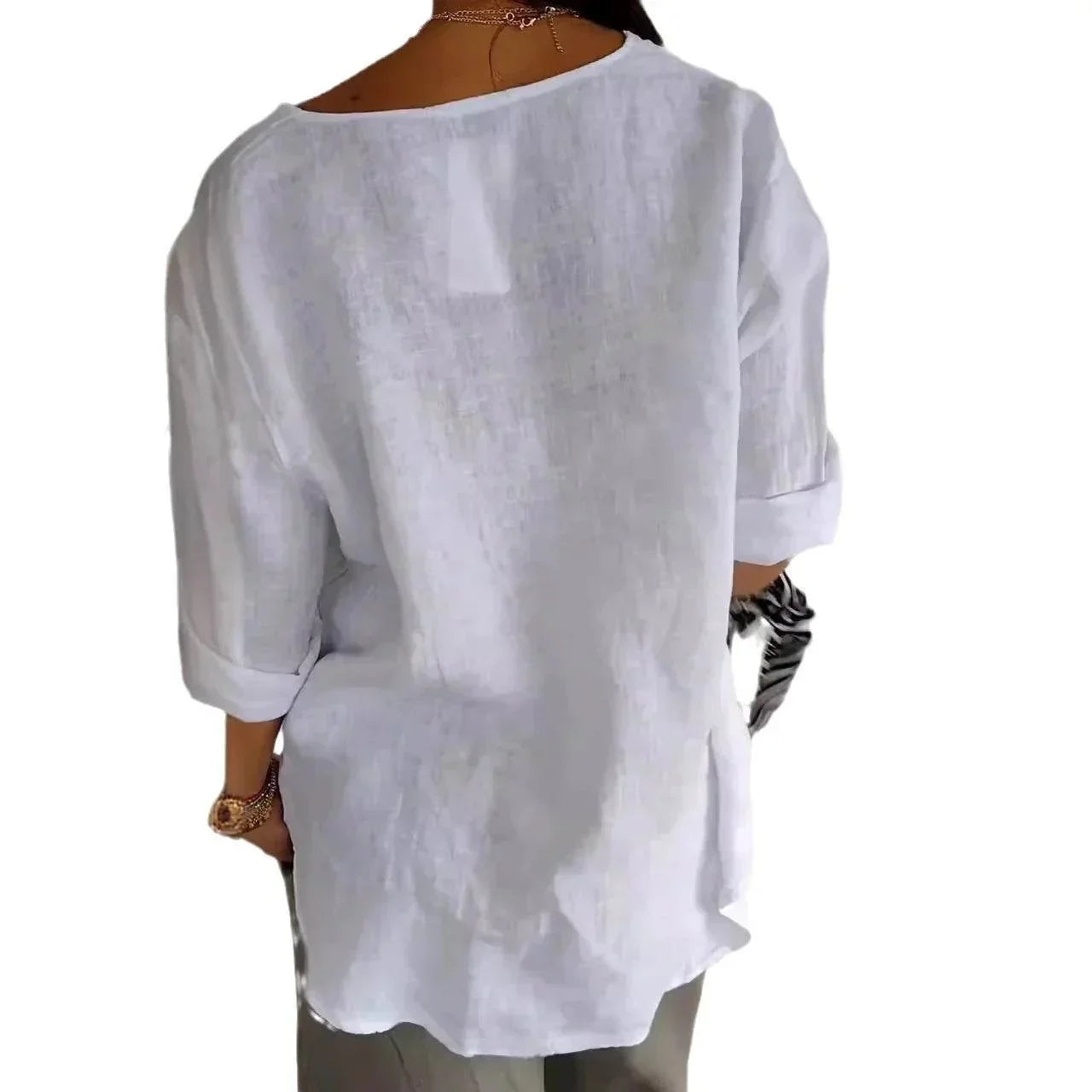 Loose Cotton Linen V-Neck Button Top for Women - ZA-Zola