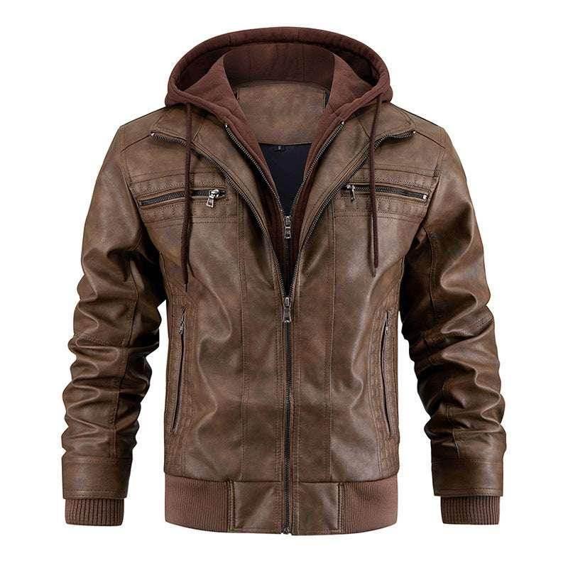 Men's Hooded PU Leather Jacket with Zipper Pockets - ZA-Zola