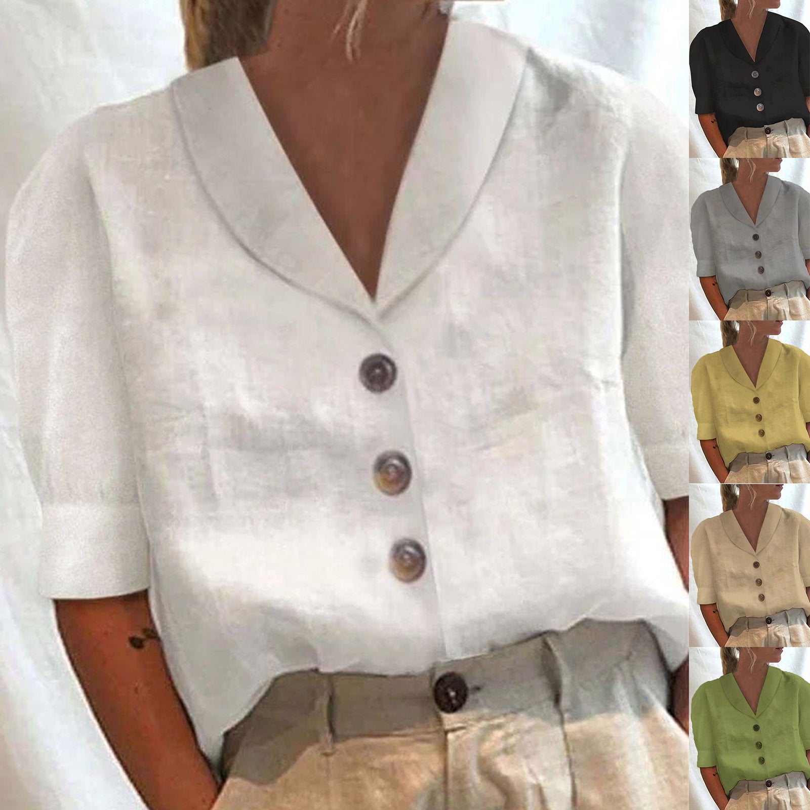 White button-up shirt with a woman wearing it, shown in multiple color options.
