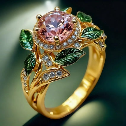 Gold ring with pink gemstone and green leaves on a dark background