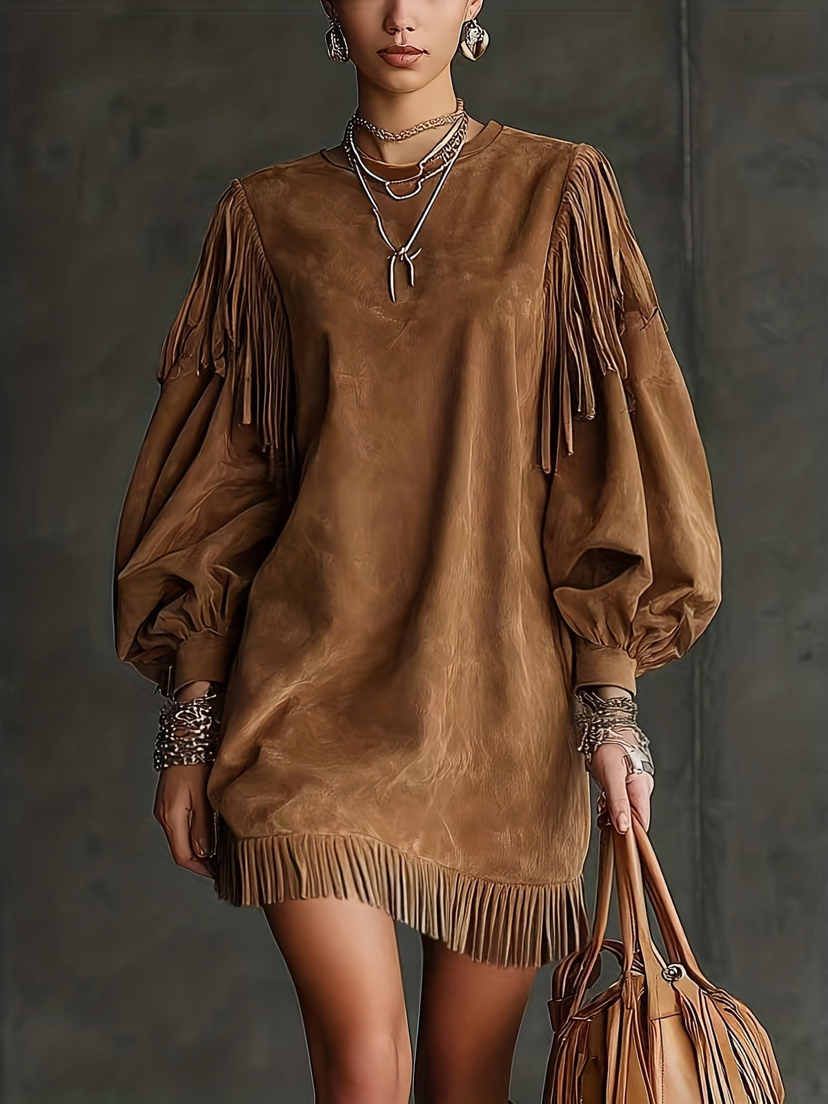 Woman wearing a brown suede dress with fringe details against a dark background