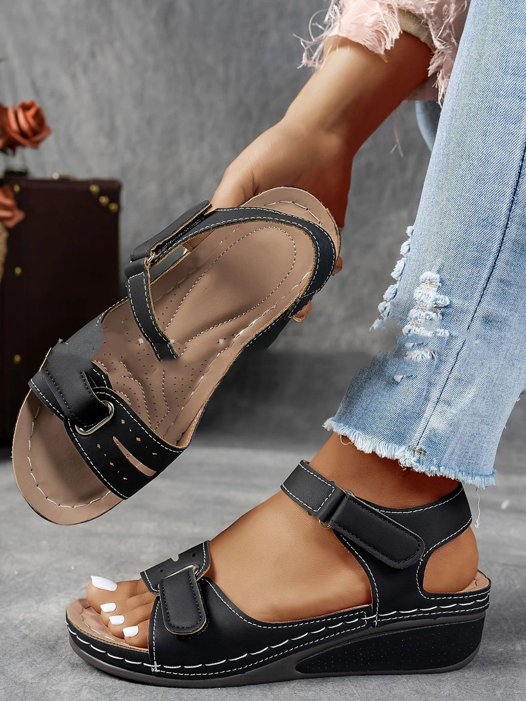 Women’s Plus Size Thick Sole Velcro Strap Comfort Sandals