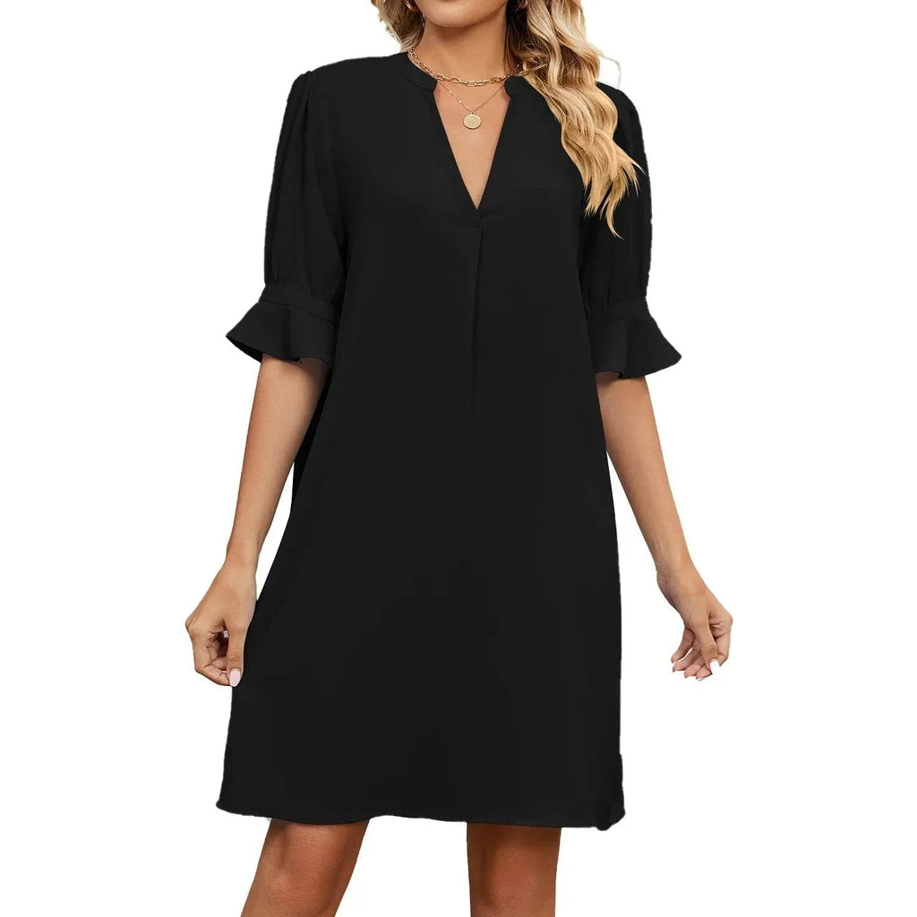 V-Neck Pleated Ice Silk Summer Dress for Women - ZA-Zola