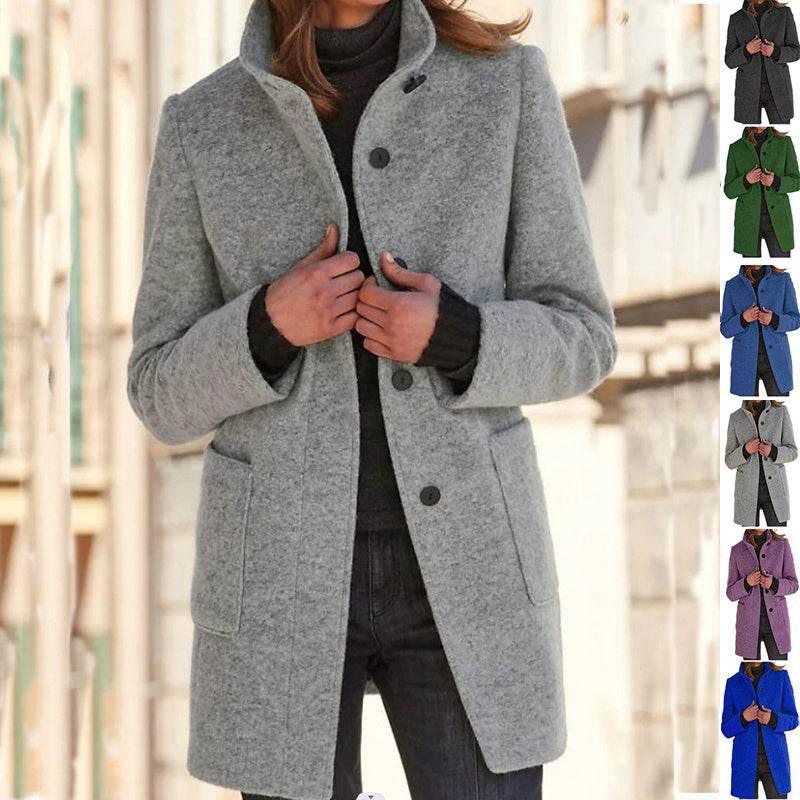 Fashion Stand Collar Woolen Coat with Pockets for Women - ZA-Zola