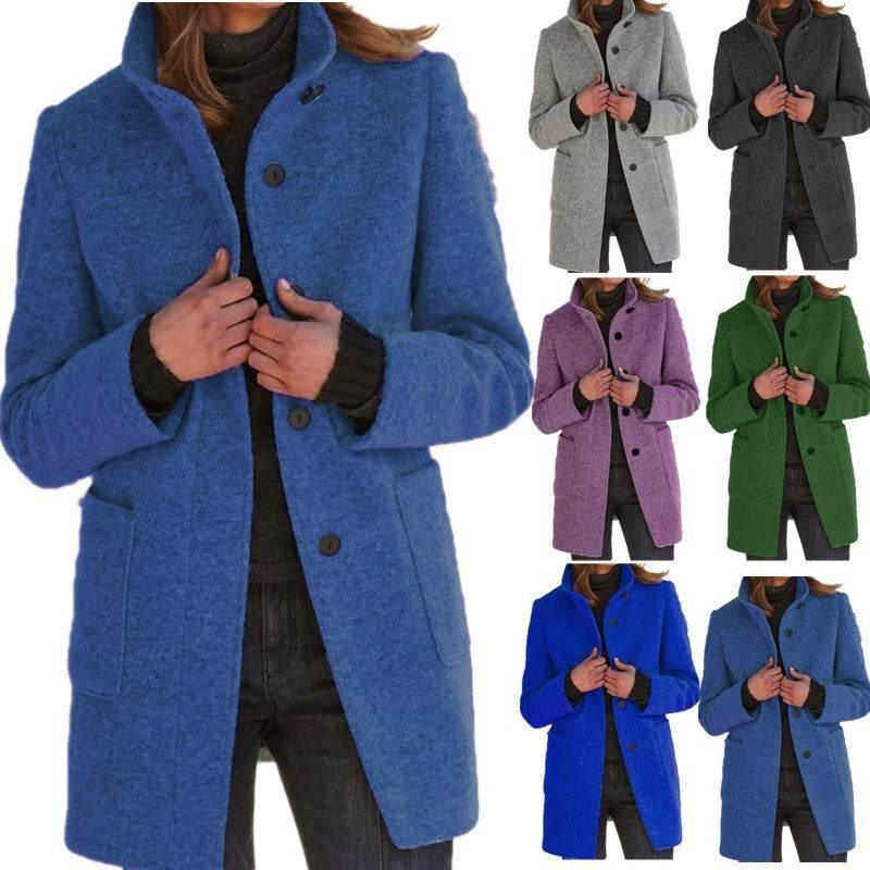 Fashion Stand Collar Woolen Coat with Pockets for Women - ZA-Zola