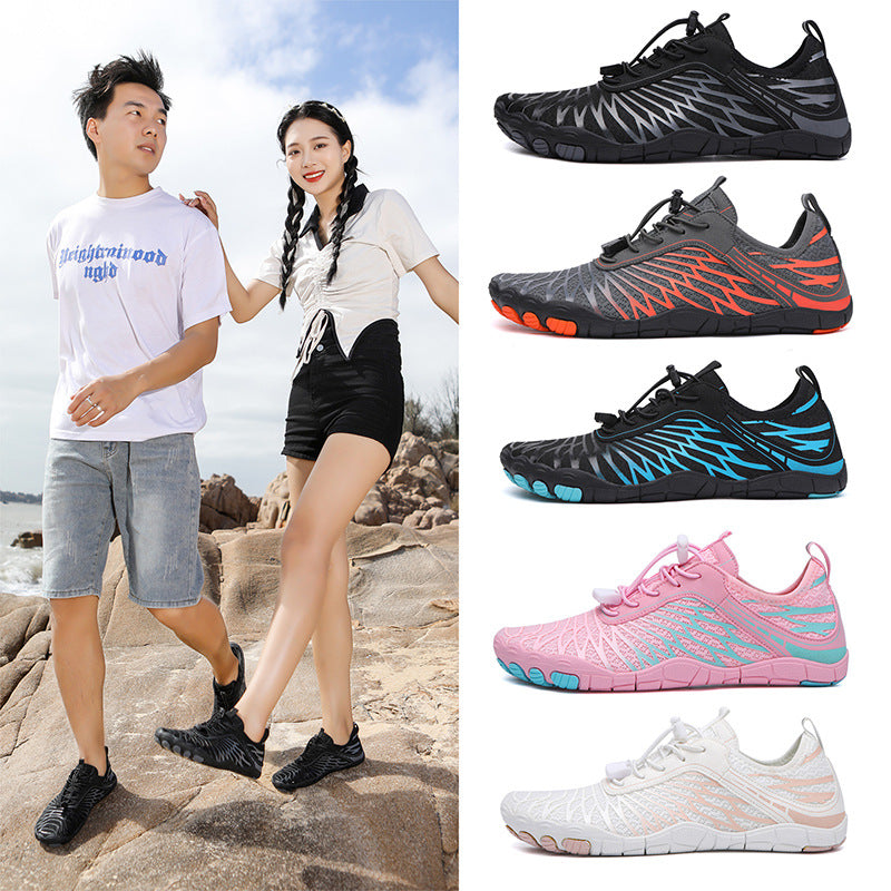 Collage of a couple on a beach with colorful shoes displayed below.