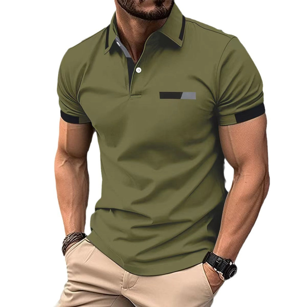Man wearing a green polo shirt with black accents on a white background