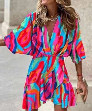 Irregular Hem Bat Sleeve V-Neck Dress – Bold Prints - ZA-Zola