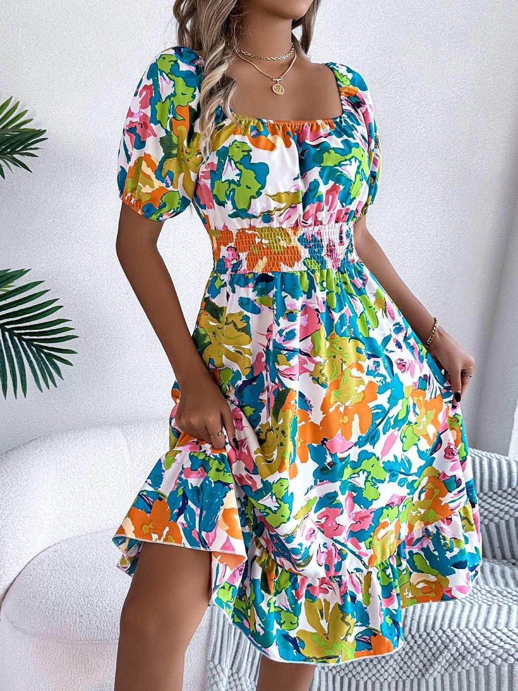 Floral Ruffle A-Line Dress – Square Neck - ZA-Zola