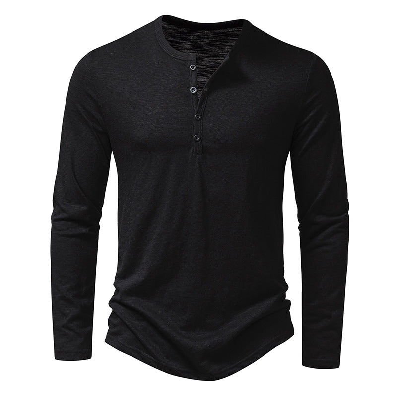 Black long-sleeve henley shirt on a white background