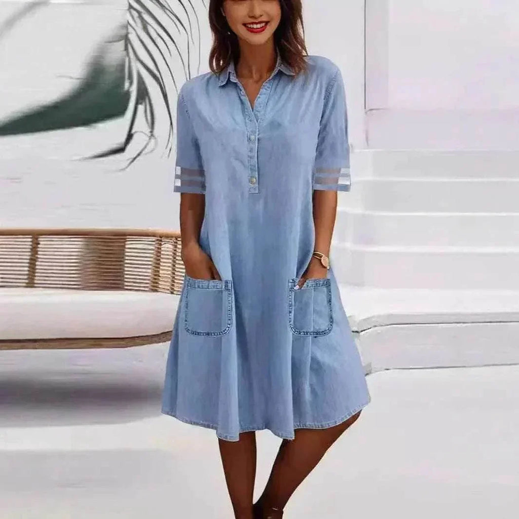 Denim Mesh Patchwork Dress – Chic & Casual Style - ZA-Zola