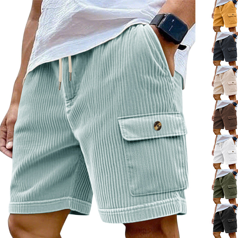 Light green corduroy shorts with a pocket on a white background, shown from multiple angles.