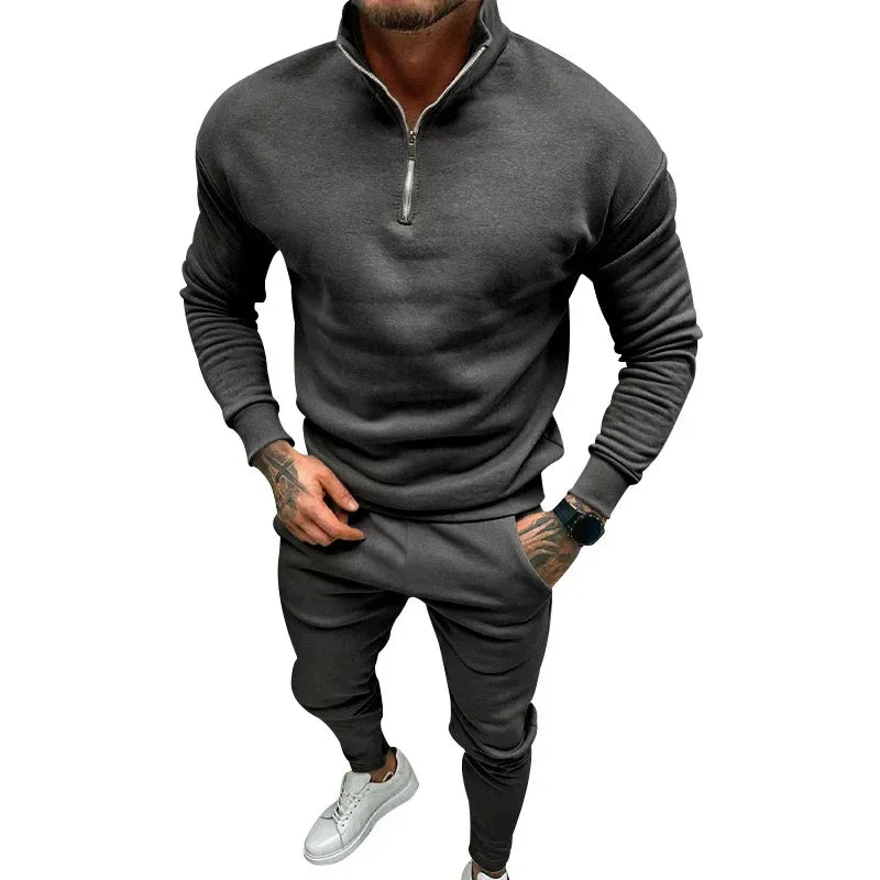 Men’s Casual Fleece Suit – Solid Color Top & Trousers - ZA-Zola