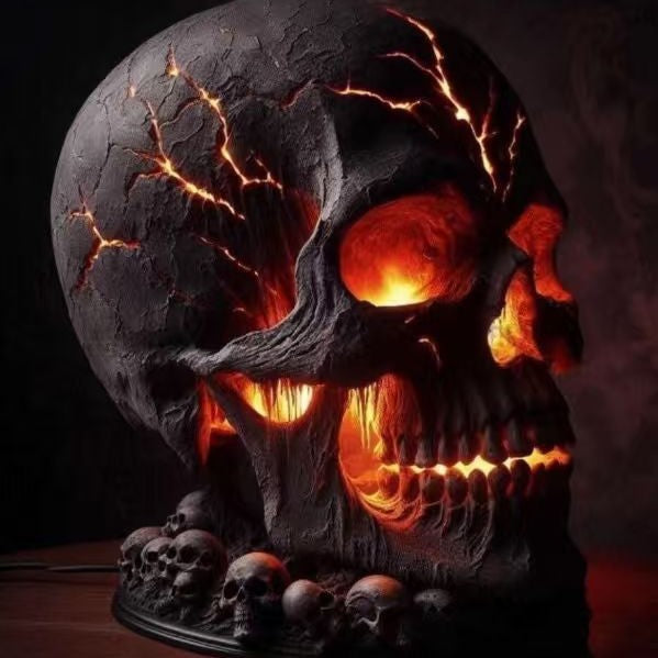 Skull-shaped lamp with glowing interior on a dark background