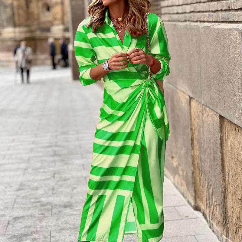 Striped Lace-Up Cardigan Style Mid Dress - ZA-Zola