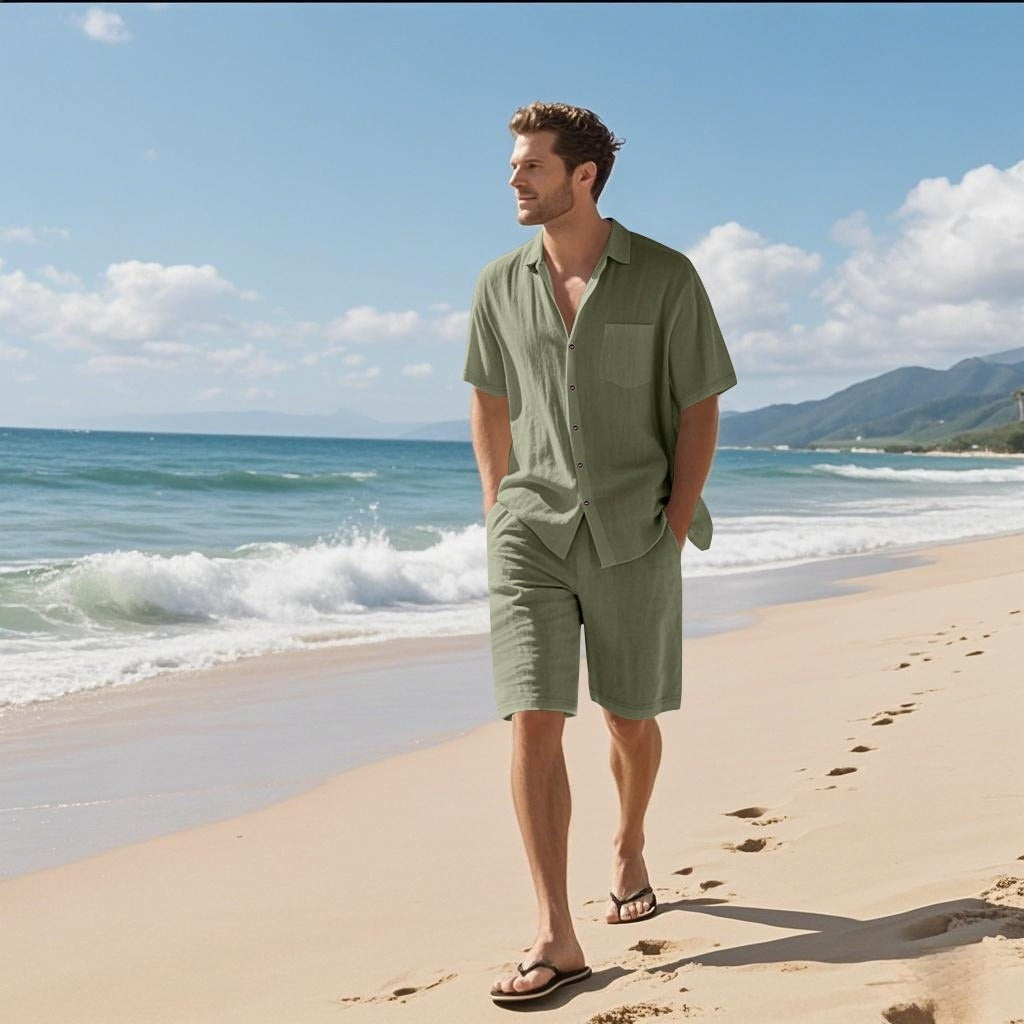 Man in a green outfit standing on a beach with ocean and mountains in the background