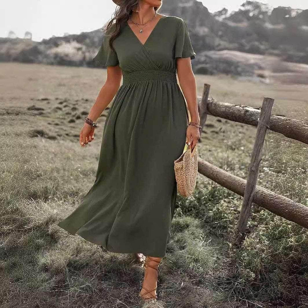 Elegant V-Neck Bell Sleeve Long Slit Dress - ZA-Zola