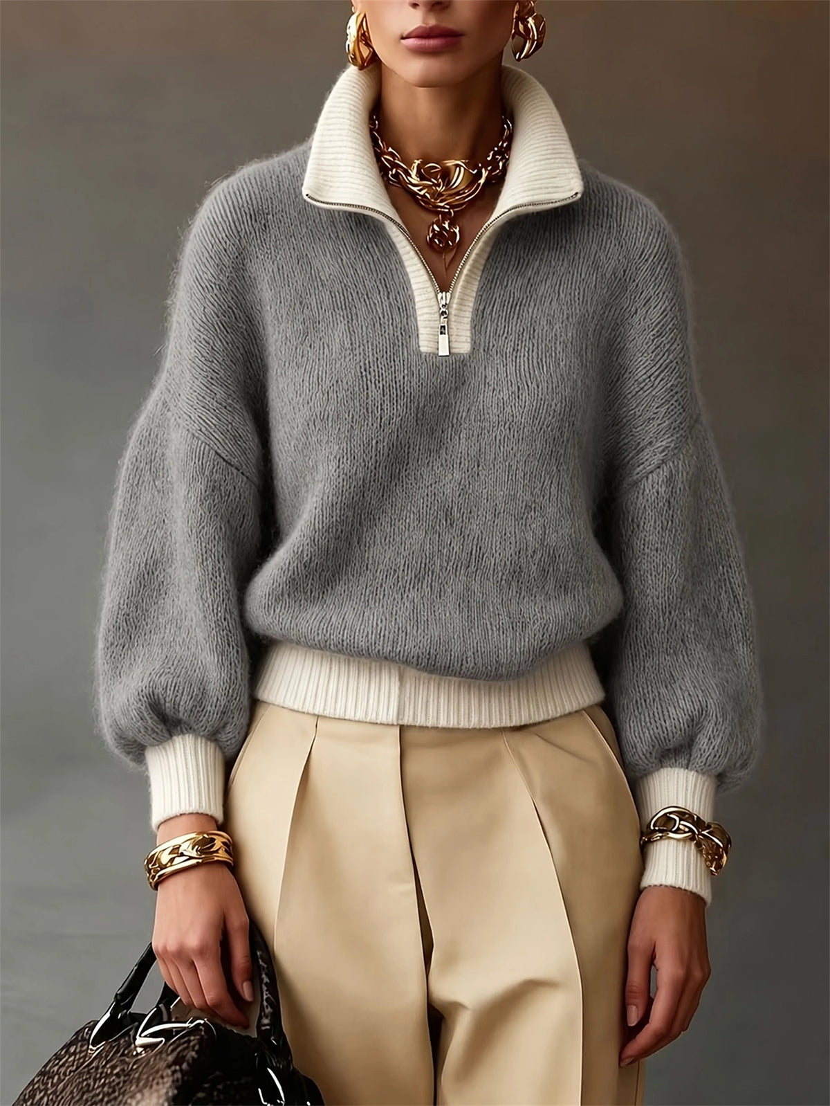 A model wears a fuzzy gray quarter-zip sweater with a cream ribbed collar, hem, and cuffs, paired with beige pleated trousers and gold jewelry against a neutral gray background.