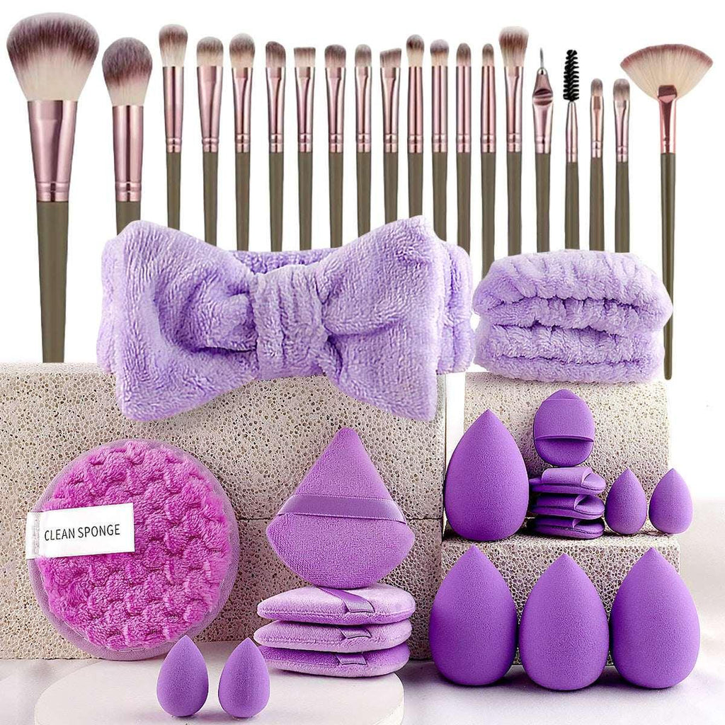Lavender makeup brush set with sponges, headbands, and cleansing pads, beauty essentials.
