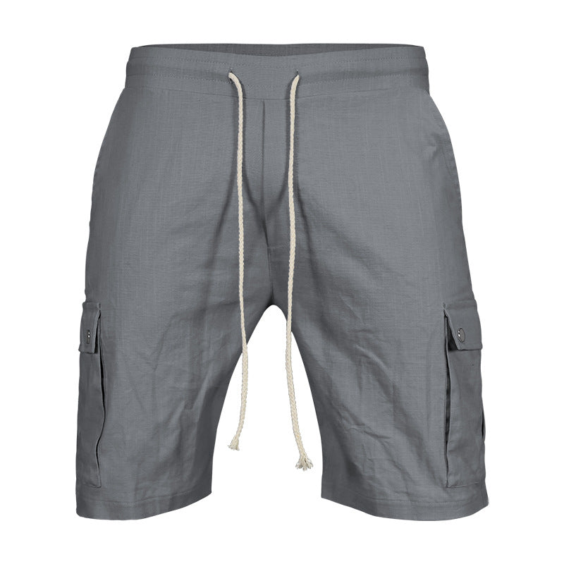 Khaki shorts with drawstring on a white background