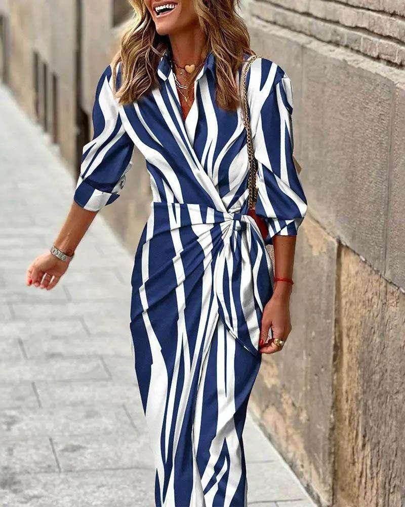 Striped Lace-Up Cardigan Style Mid Dress - ZA-Zola
