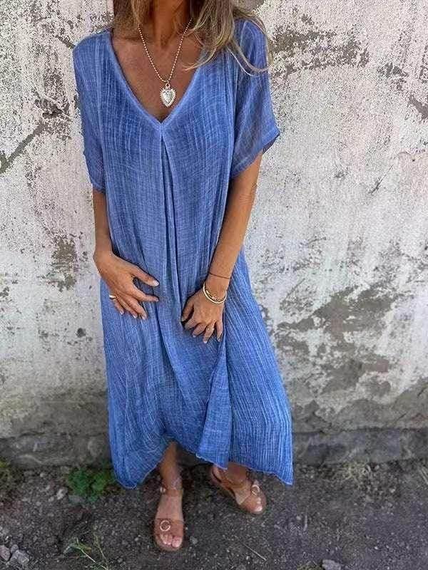 Cotton Linen V-Neck Semi-Formal Midi Dress - ZA-Zola