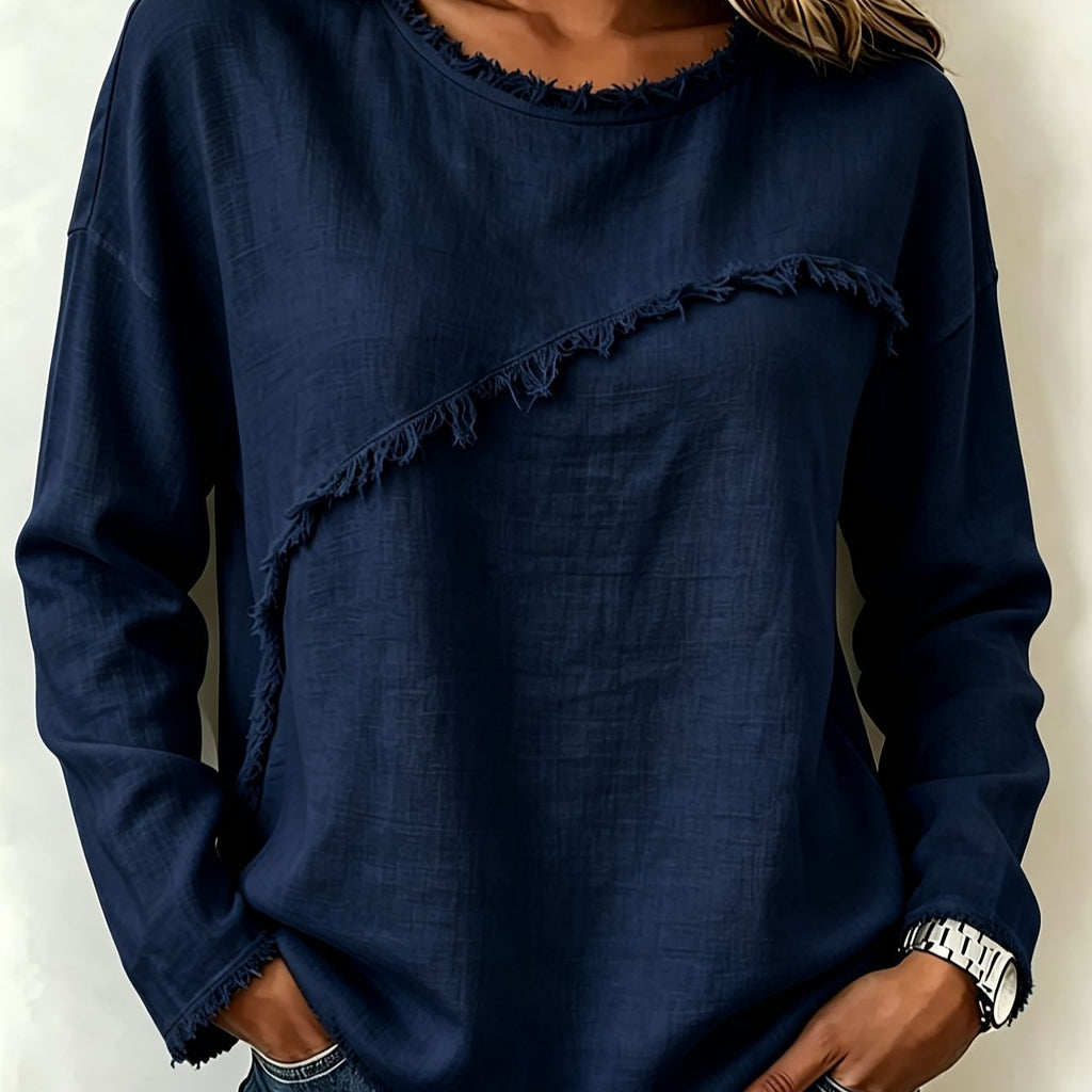 Navy blue long-sleeve top with frayed hem on a plain background