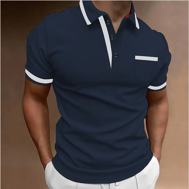 Navy blue polo shirt with white accents on a brown background