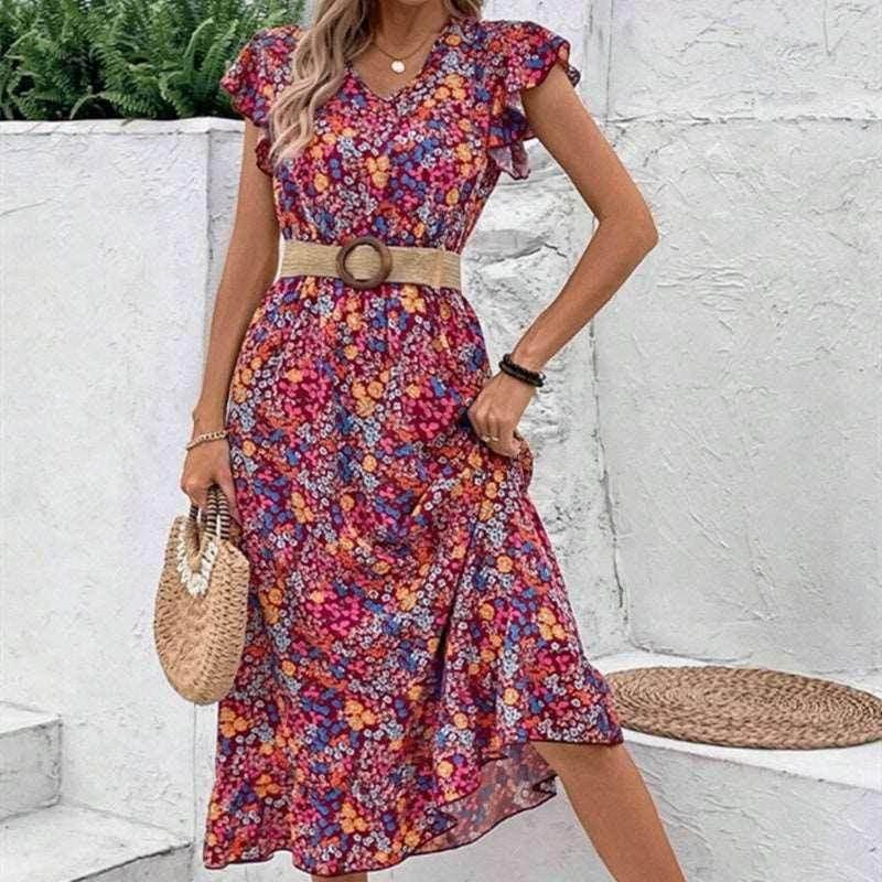 Floral V-Neck Dress – Printed Summer Elegance - ZA-Zola