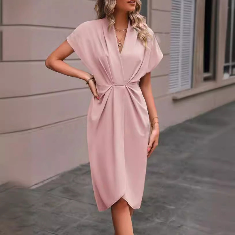 Summer Batwing Sleeve V-Neck Pleated Midi Dress for Women