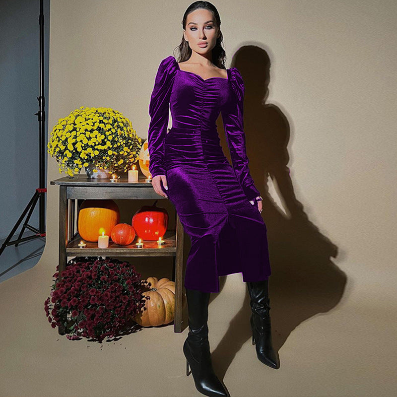 Women’s Pleated Dress | Long Sleeve Velvet Slit Midi Dress (S–3XL)