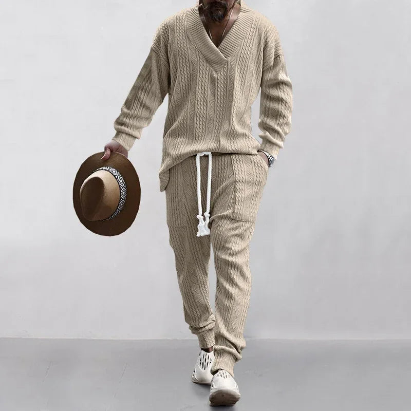 Men’s Sweater Set – V-Neck Jacquard Knit Top & Trousers - ZA-Zola
