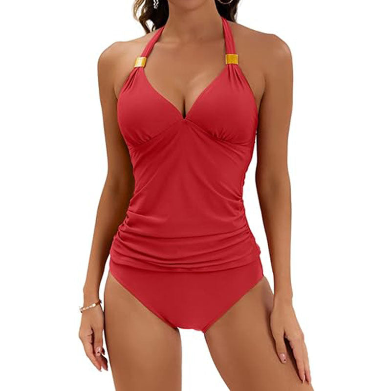 Red swimsuit with gold accents on a white background