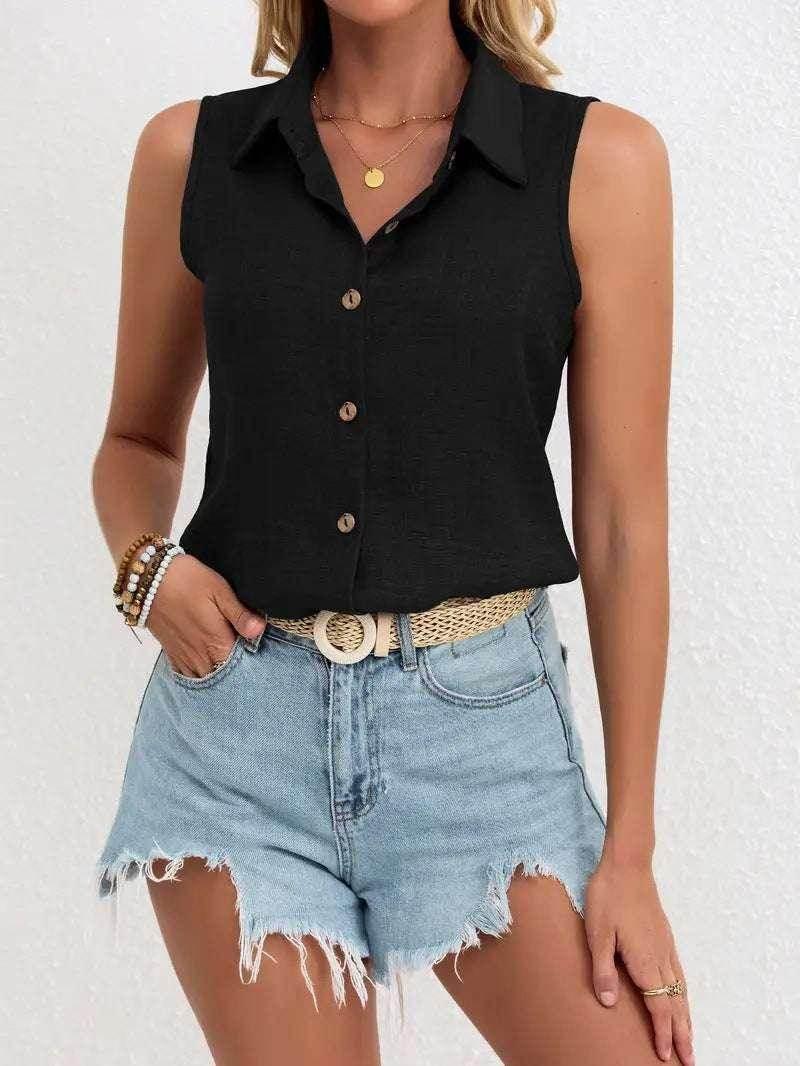 Cotton Linen Lapel Sleeveless Loose Shirt Top - ZA-Zola