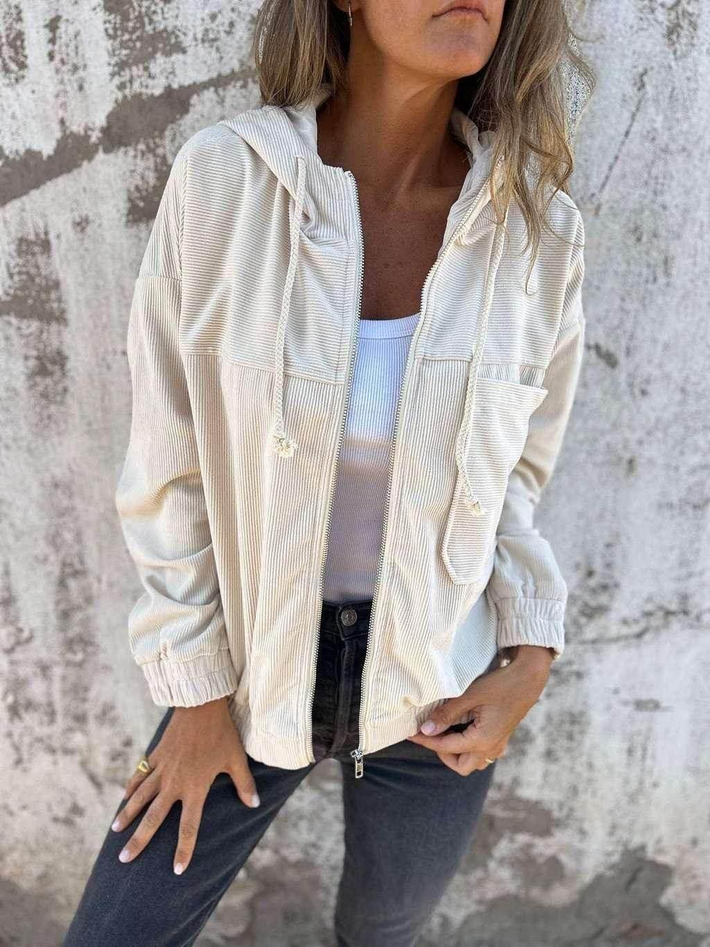 Women's Corduroy Hooded Zip-Up Jacket - ZA-Zola