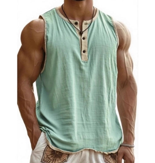 Light green sleeveless shirt worn by a person on a white background